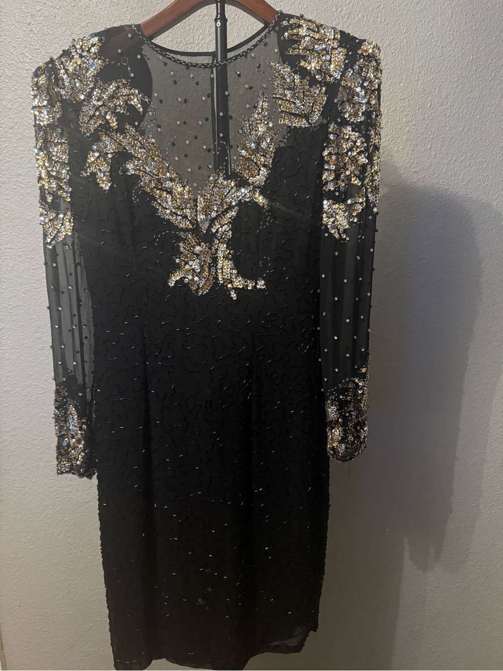 VTG Nite Line Silk Beaded Sequin Cocktail Dress Sz 8 Black Gold Sheer Sleeve